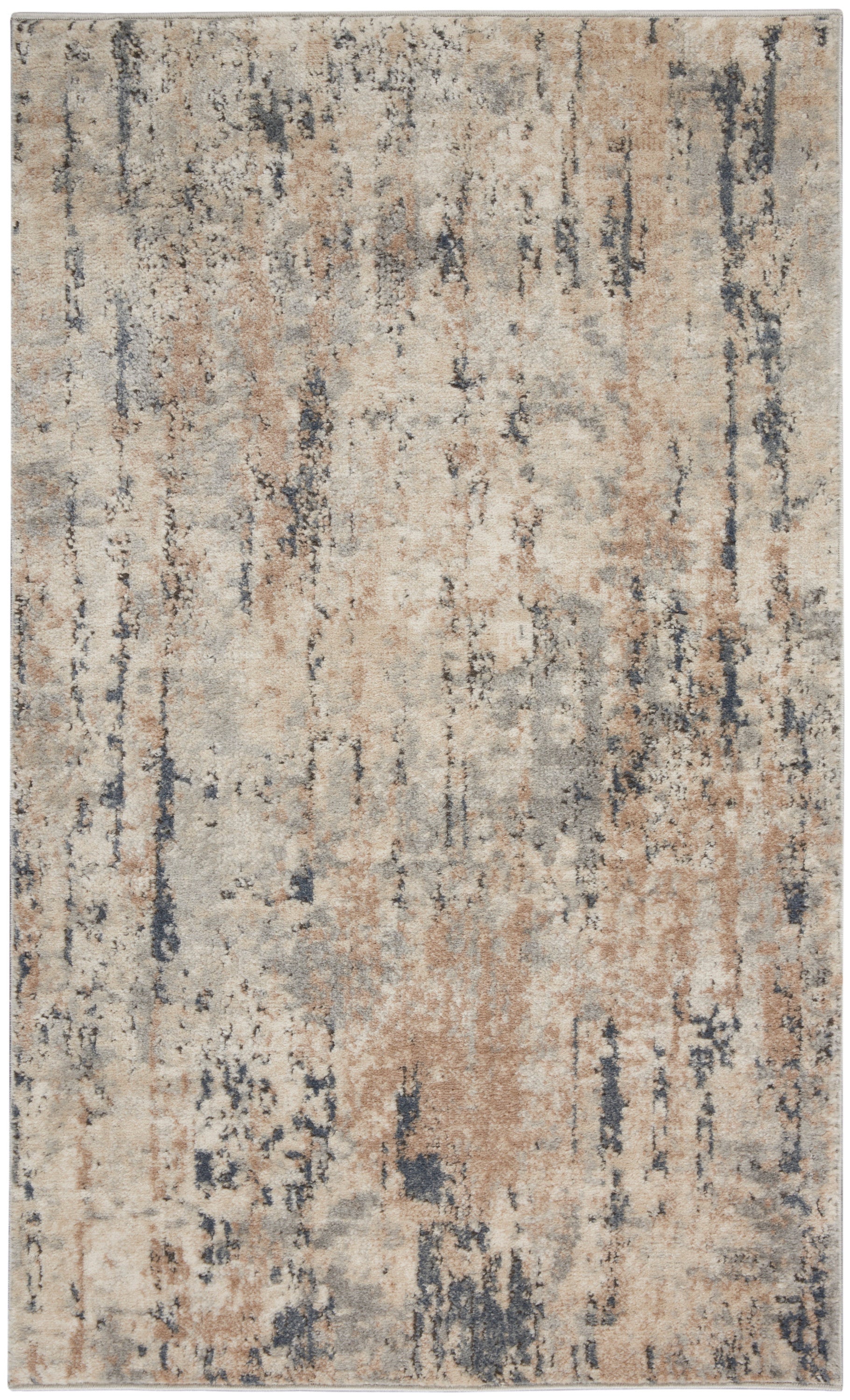 Abstract distressed area rug in beige, tan, cream with blue-gray vertical streaks.