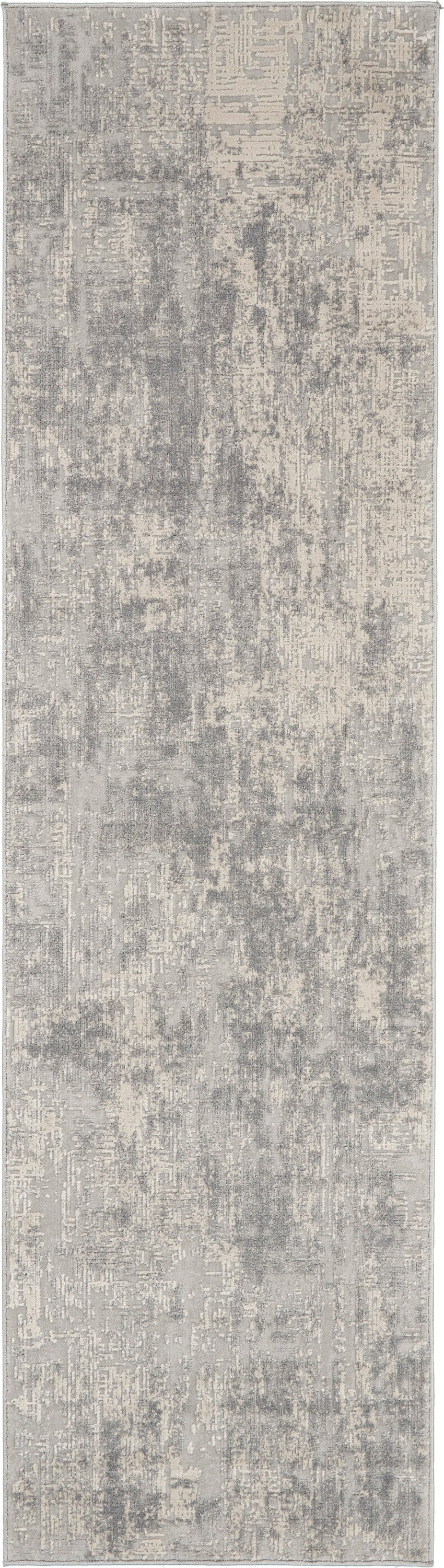Distressed gray & beige rug runner with abstract pattern; modern, soft pile, long narrow.