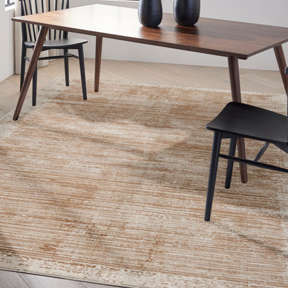 Mid-century dark walnut dining table with tapered legs, two black vases, and black and wooden chairs on a beige textured rug.
