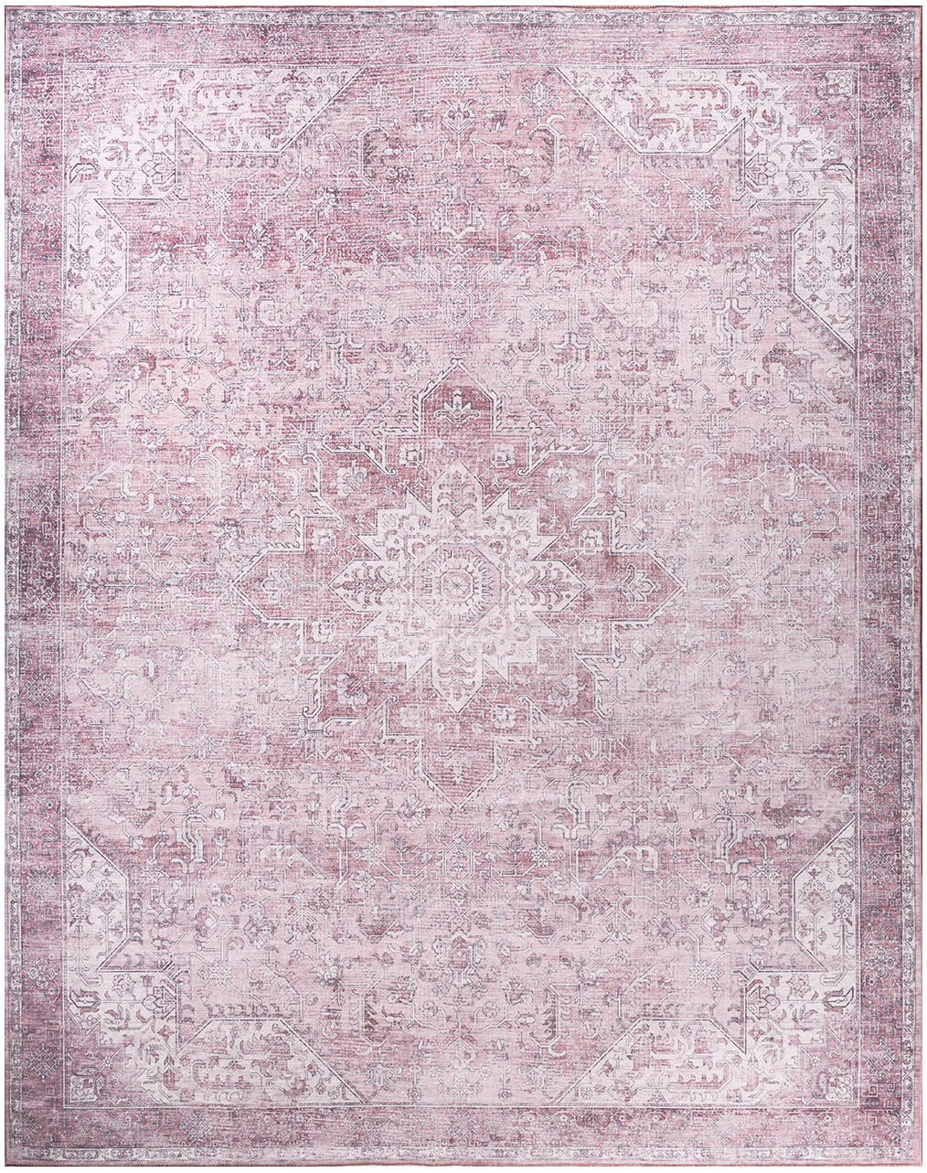 Soft pink distressed oriental rug with central geometric medallion, faded floral motifs and decorative border.