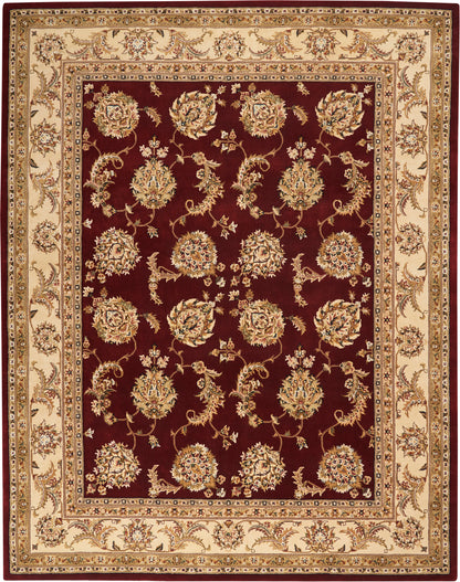 Traditional Persian-style rug, rectangular with burgundy field, gold floral medallions, and cream ivory border with vines.