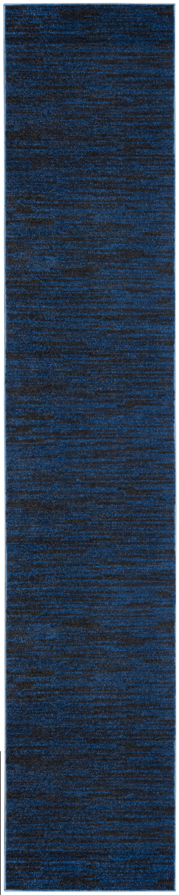 Blue marled runner rug with dark and medium blues; long narrow hallway carpet.