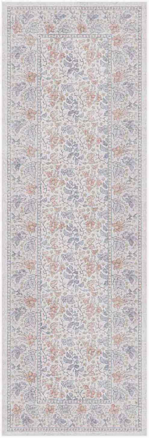 Pastel floral 6' runner rug in lavender, peach and cream with a delicate border and repeating vine motifs.