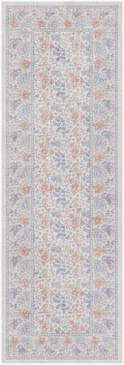 Pastel floral 6' runner rug in lavender, peach and cream with a delicate border and repeating vine motifs.
