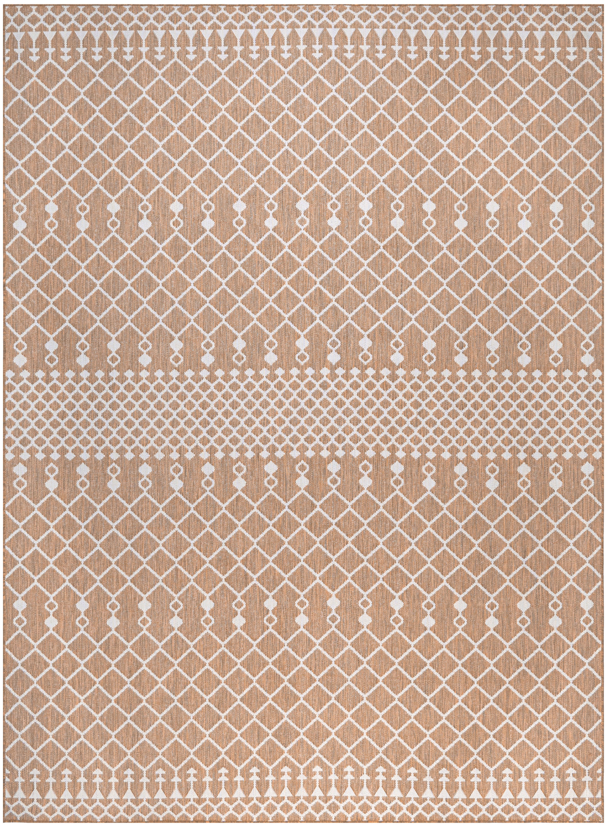 Tan rectangular rug with white diamond lattice pattern and dotted borders.