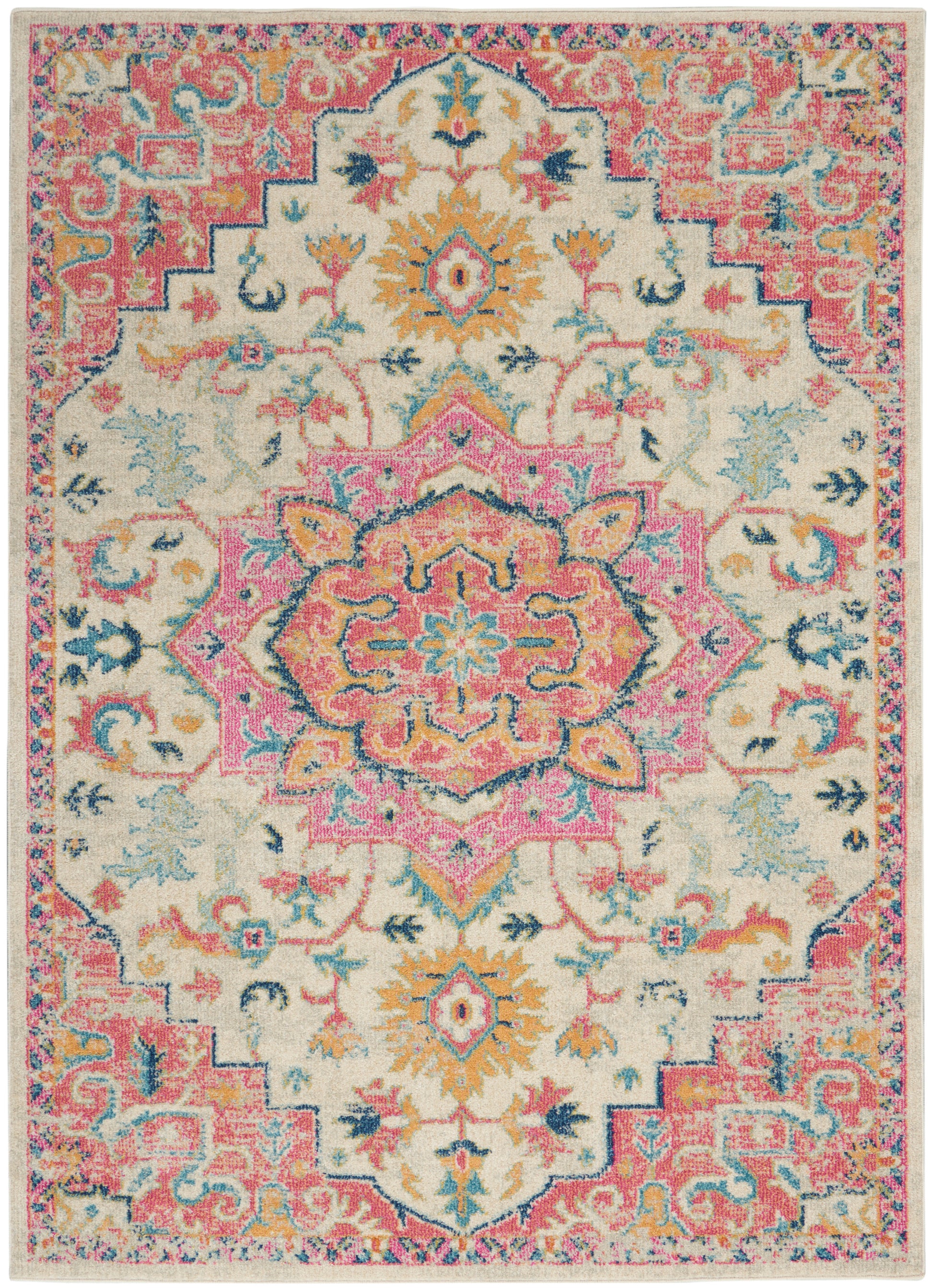 Colorful oriental area rug with ivory base, pink central medallion, teal accents, and ornate floral border.