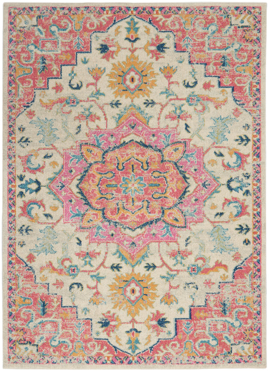 Colorful oriental area rug with ivory base, pink central medallion, teal accents, and ornate floral border.
