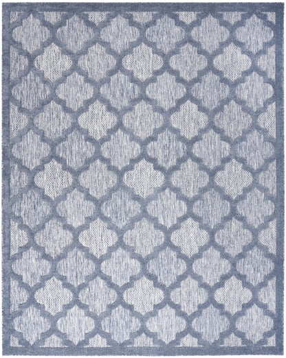 Blue-gray geometric quatrefoil trellis rug with textured pile & border, ideal for living spaces.