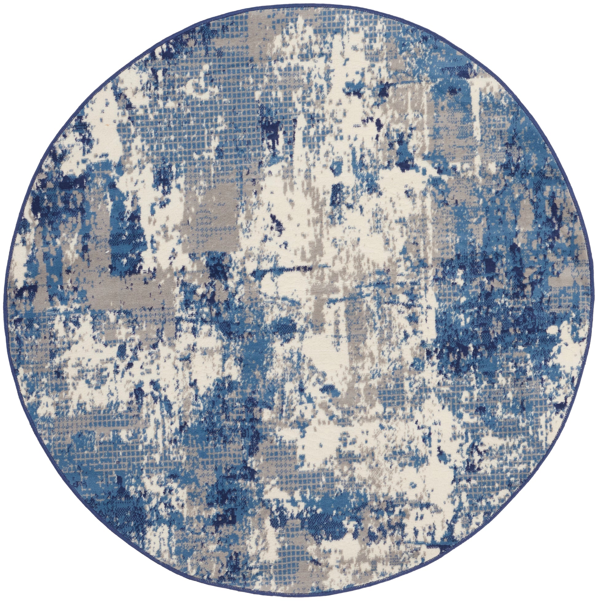 Round area rug with abstract blue, cream and beige brushstroke pattern; modern circular rug.