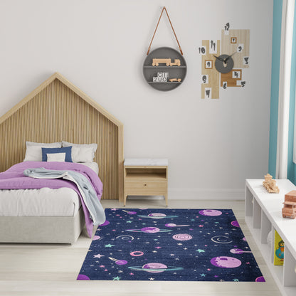 Children's bedroom with a house-shaped wooden bed, purple throw, light wood nightstand, space-themed navy rug, round wall shelf and clock.