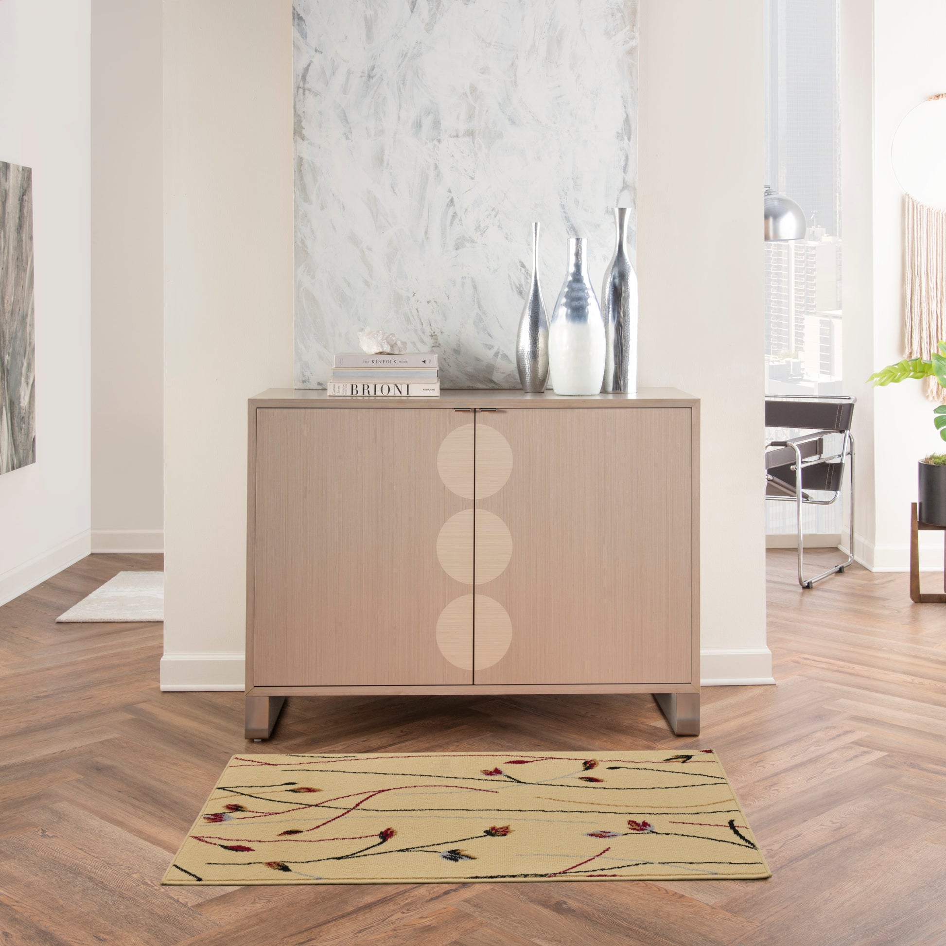 Beige branch-pattern rug in a modern living room, size 2' x 4'.