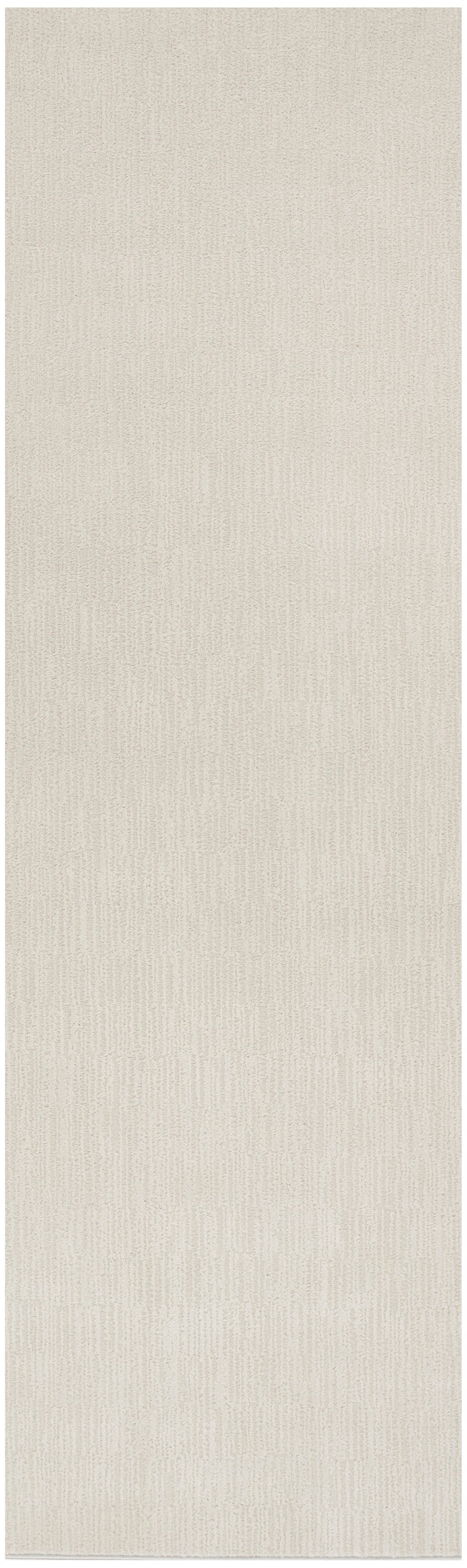 Beige linen-textured rug with subtle vertical grain; 7' runner.