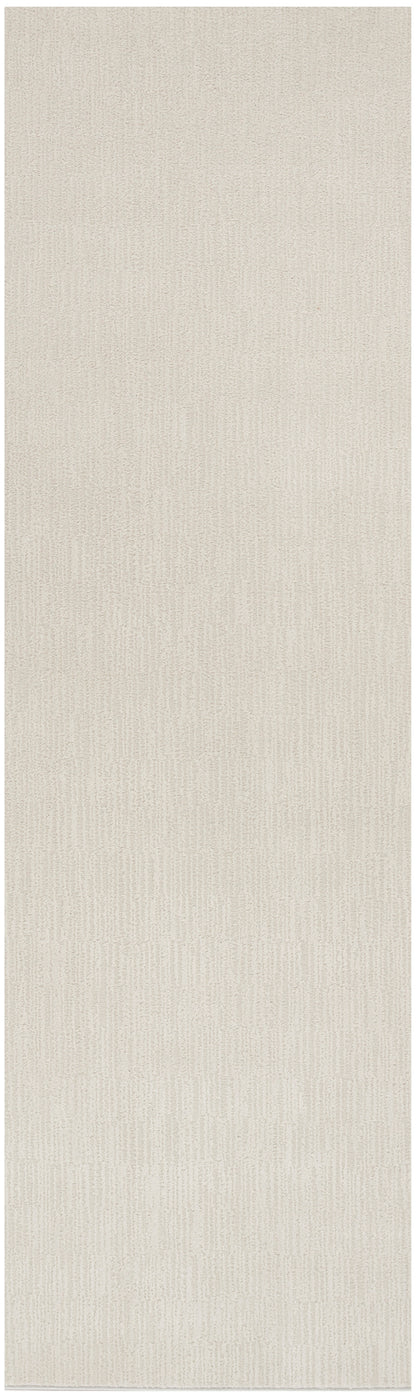 Beige linen-textured rug with subtle vertical grain; 7' runner.