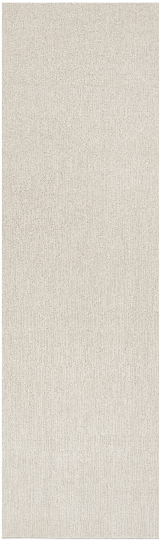 Beige linen-textured rug with subtle vertical grain; 7' runner.