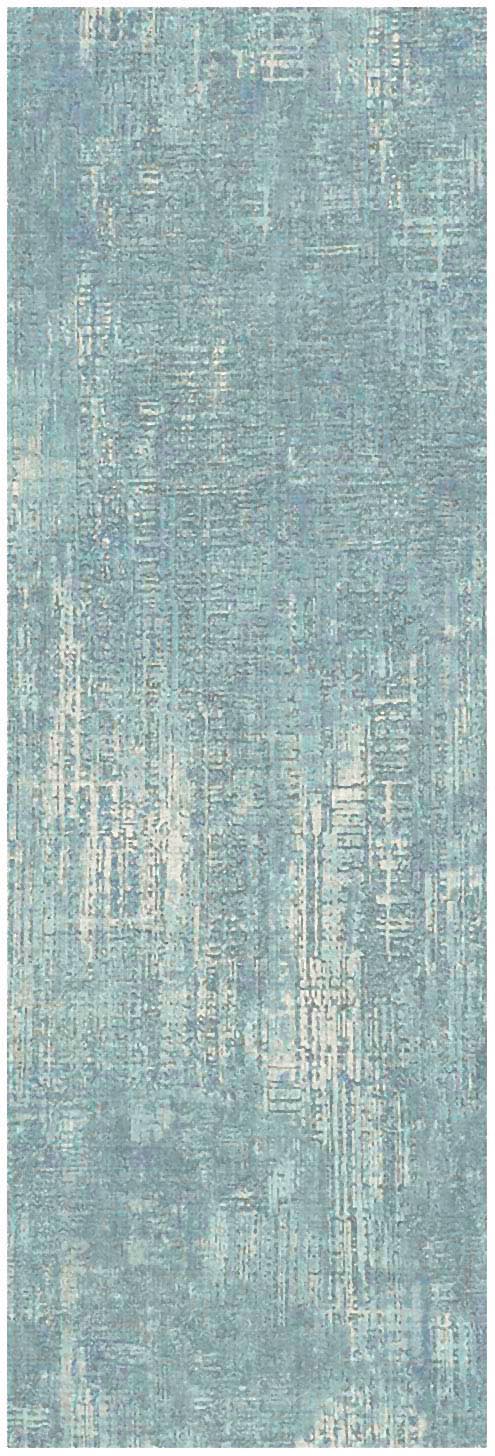 Blue distressed runner rug with ivory weathered lines and soft textured surface, 6 ft long for modern living rooms.