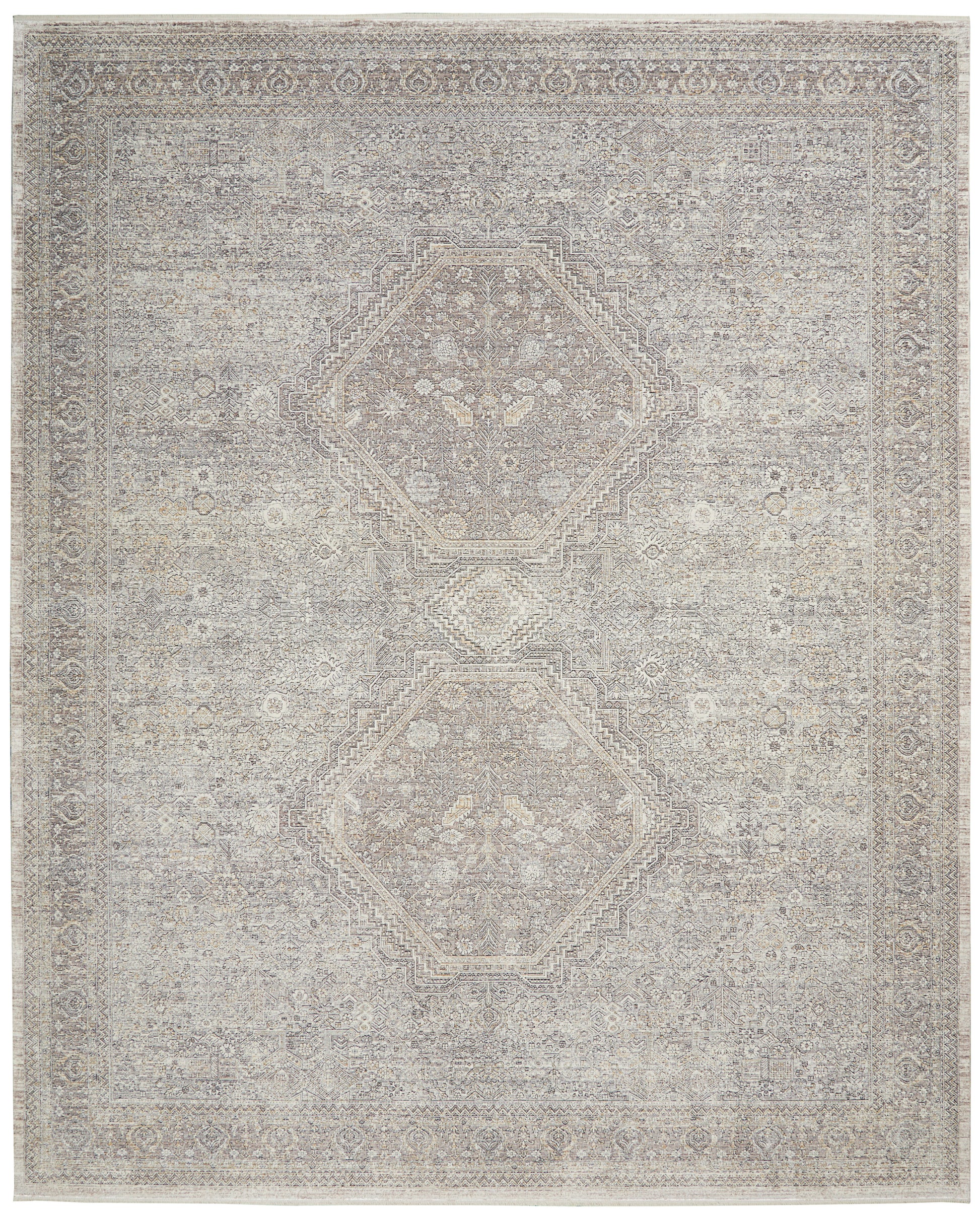 Distressed beige-gray oriental area rug with two large diamond medallions and intricate border pattern.