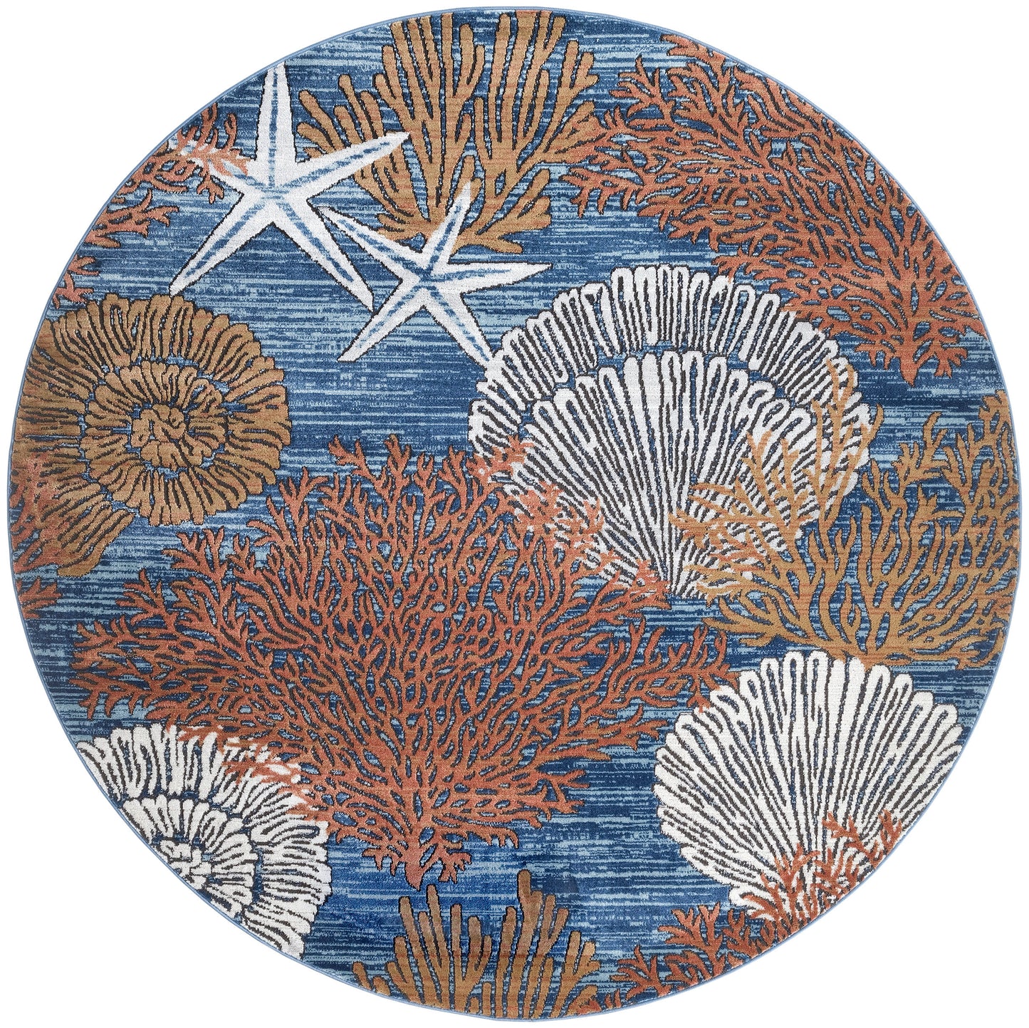 Round coastal rug with blue sea backdrop, orange-brown coral, white fan corals and starfish accents.