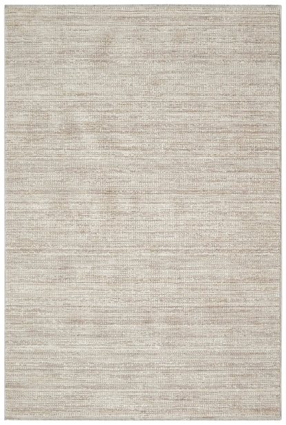 Beige woven area rug with subtle cream and taupe horizontal texture for a modern, neutral living space.
