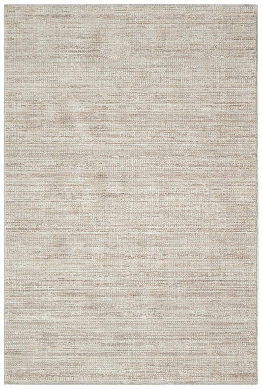Beige woven area rug with subtle cream and taupe horizontal texture for a modern, neutral living space.