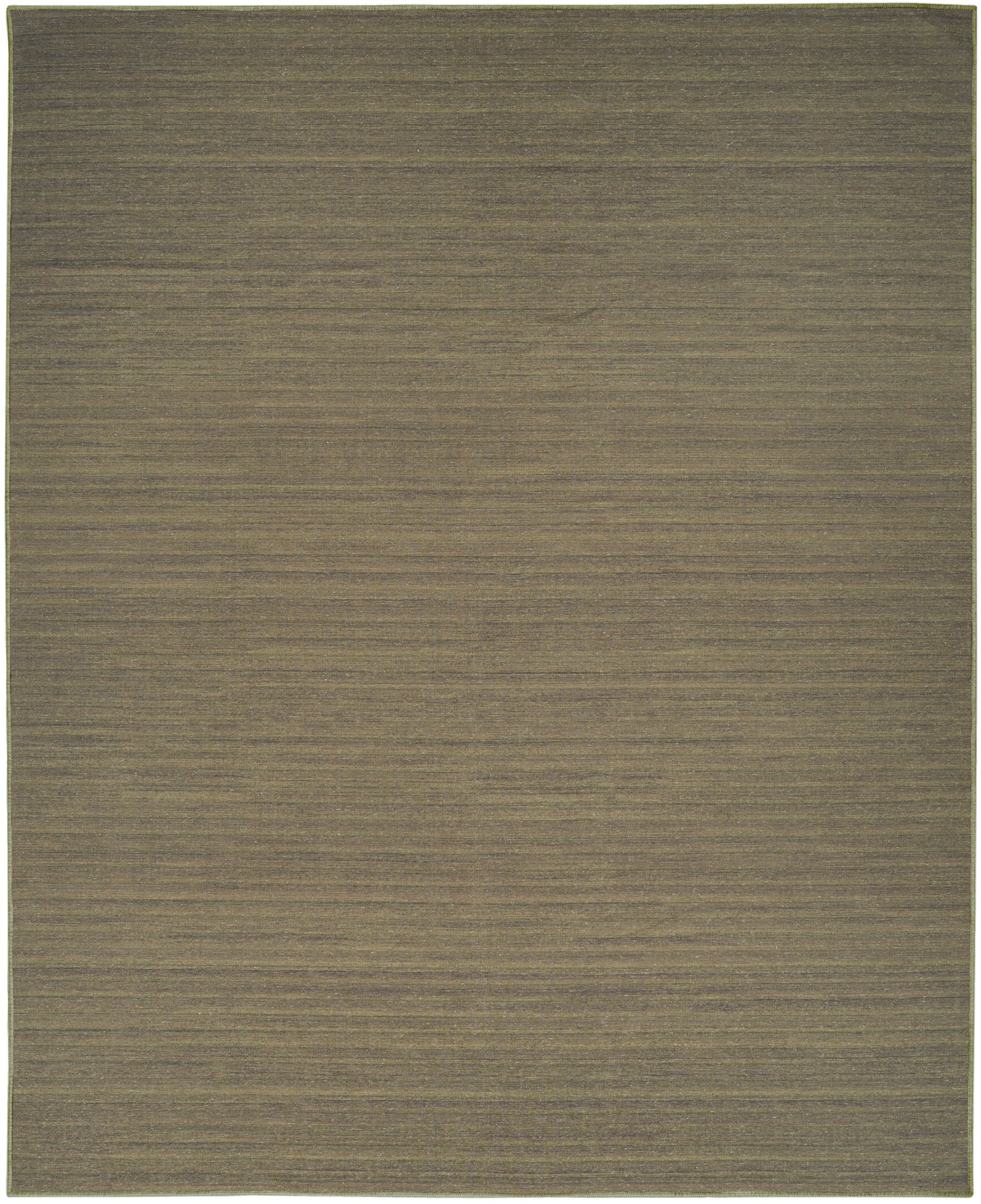 Olive-brown flat-weave rug with subtle horizontal texture and muted tones.