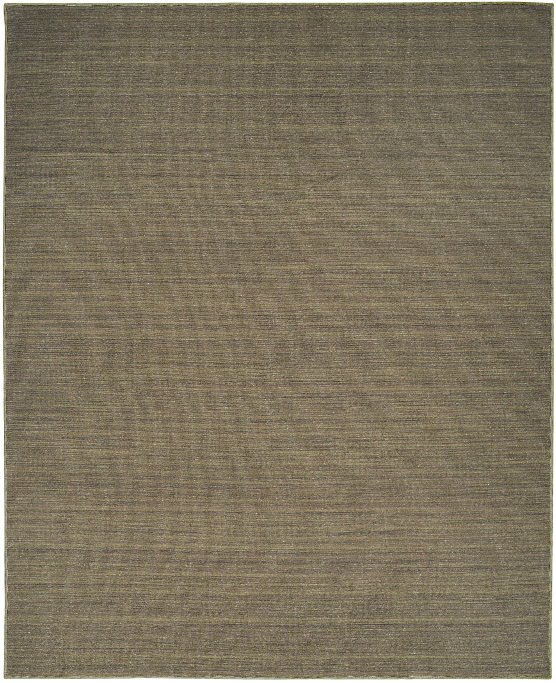 Olive-brown flat-weave rug with subtle horizontal texture and muted tones.
