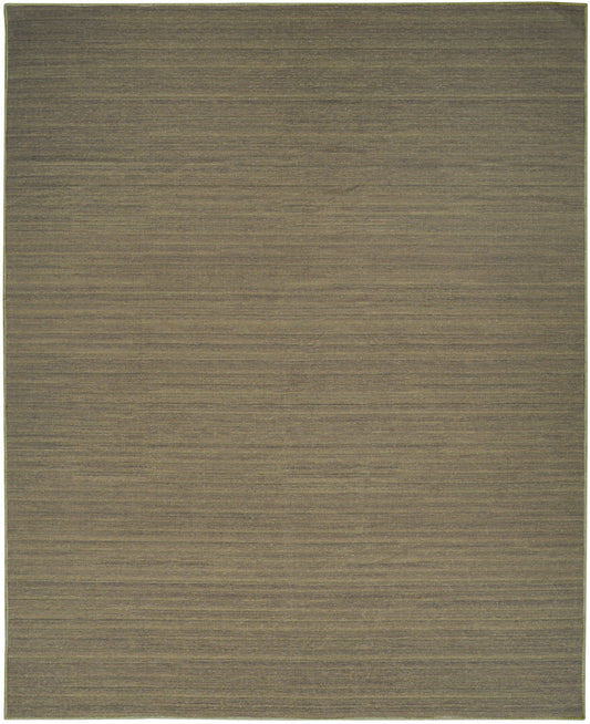 Olive-brown flat-weave rug with subtle horizontal texture and muted tones.