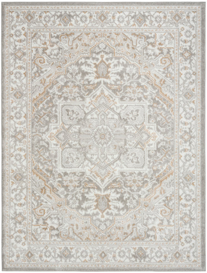 Rectangular rug with ivory, beige and gray Oriental motif, central medallion and ornate border for classic decor.