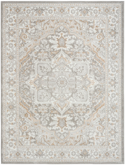 Rectangular rug with ivory, beige and gray Oriental motif, central medallion and ornate border for classic decor.