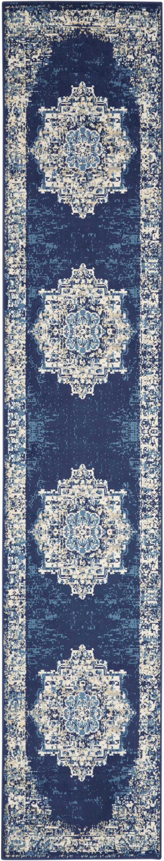 Navy blue oriental rug runner with repeating ivory medallions, cream border and intricate floral motifs.
