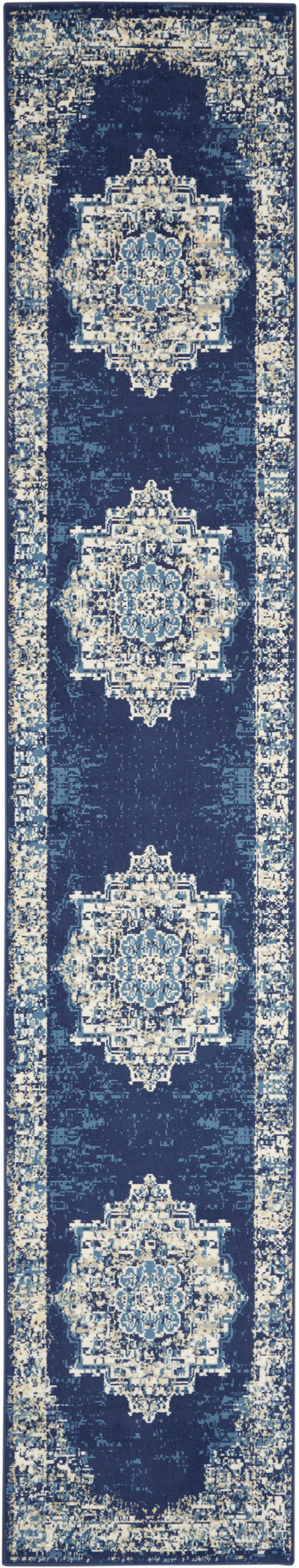 Navy blue oriental rug runner with repeating ivory medallions, cream border and intricate floral motifs.
