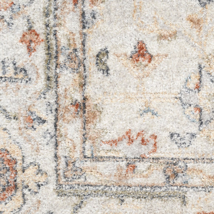 Cream oriental rug closeup with blue and rust floral border; plush wool texture for living room decor.