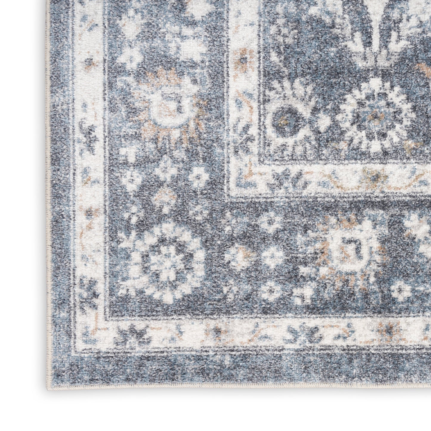 Blue and ivory distressed oriental runner rug with floral medallions and decorative border.