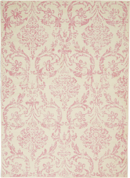 Cream rug with pink damask pattern; ornate vintage-style area rug for living room.