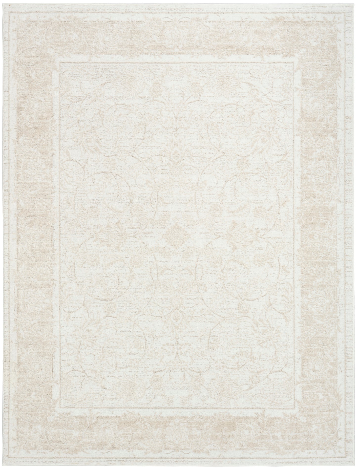 Cream beige oriental area rug with a subtle distressed pattern and layered border.