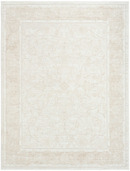 Cream beige oriental area rug with a subtle distressed pattern and layered border.