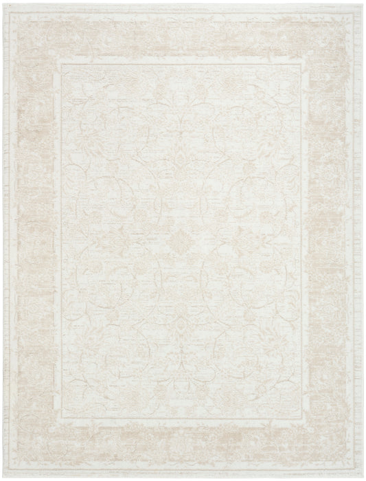 Cream beige oriental area rug with a subtle distressed pattern and layered border.
