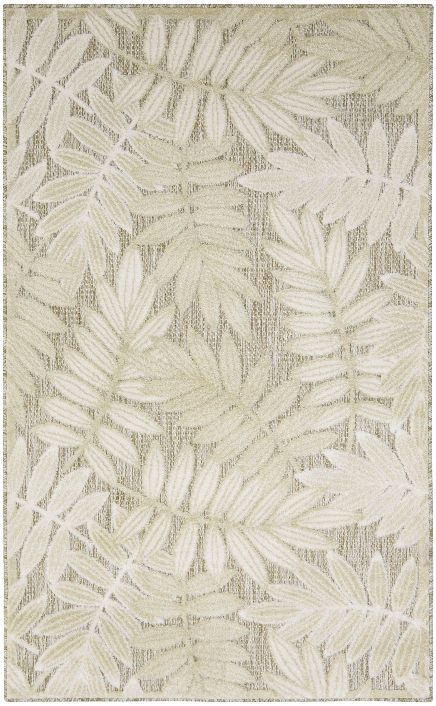 Beige and ivory woven rug with palm leaf pattern; neutral tropical design, rectangular area rug for living spaces.