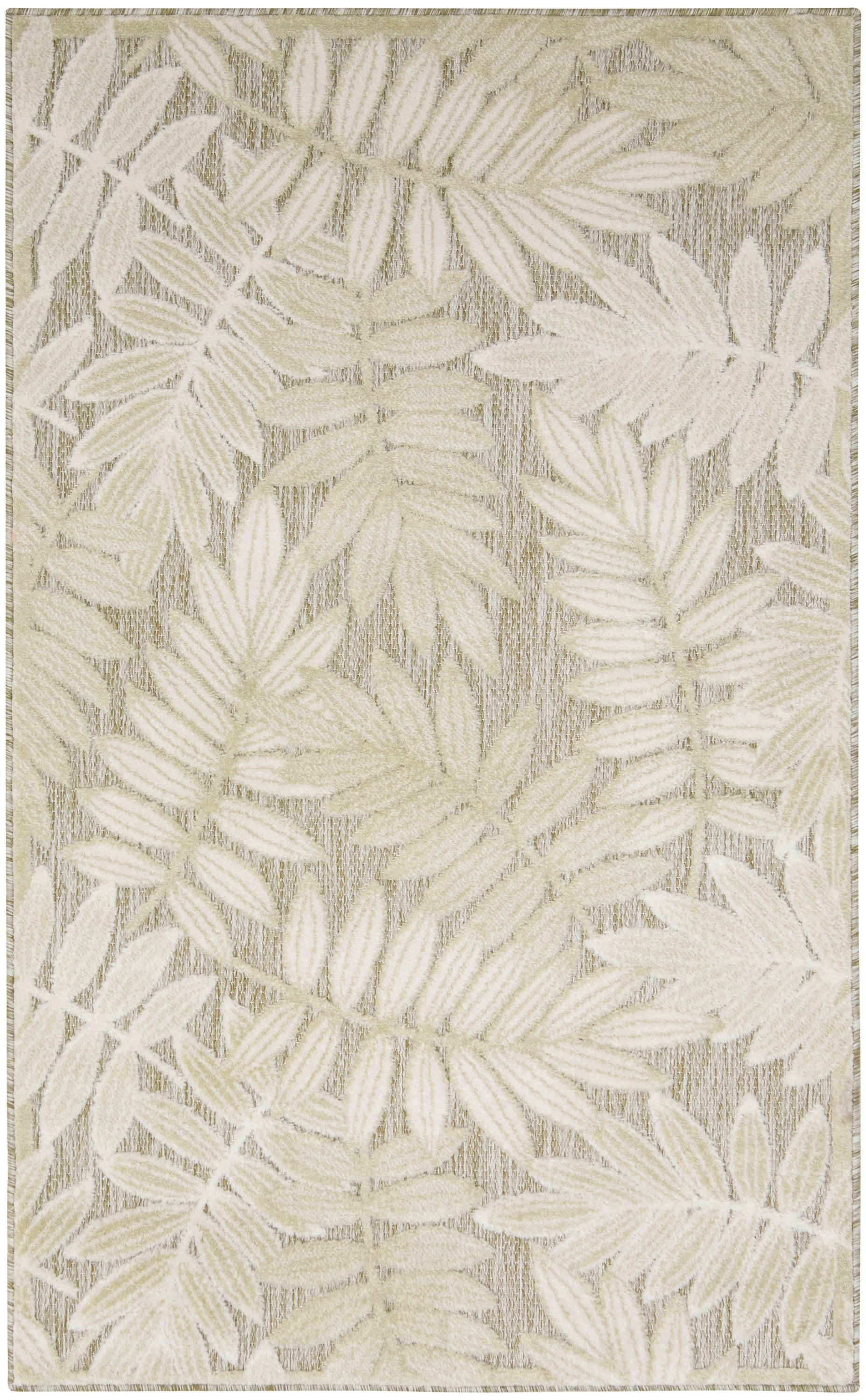 Beige and ivory woven rug with palm leaf pattern; neutral tropical design, rectangular area rug for living spaces.