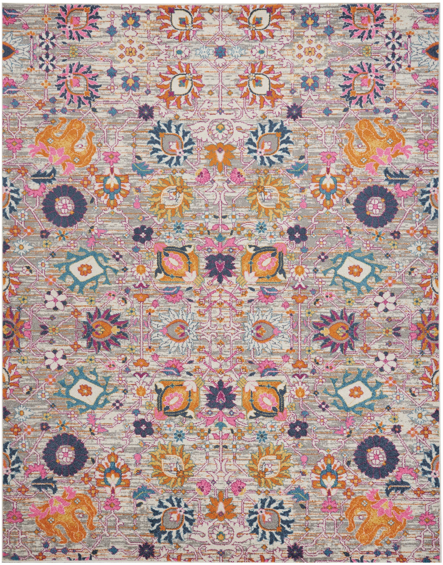Colorful oriental rug with pink, orange, teal and purple florals on a cream background; intricate symmetrical pattern.