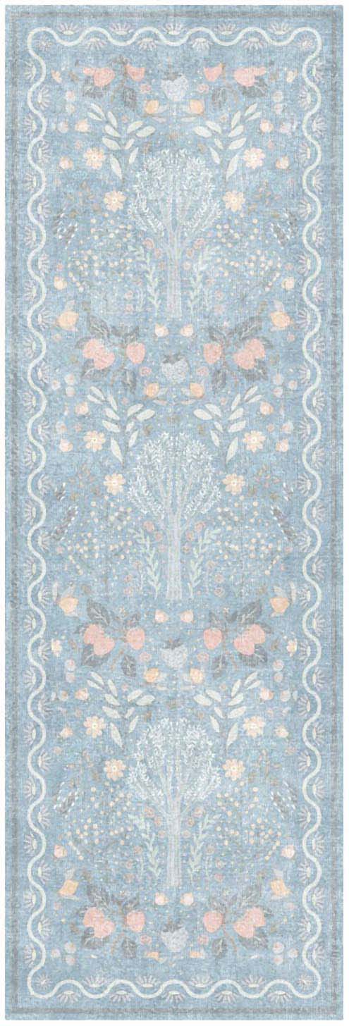 Light blue lace-style rug runner with white floral motifs and pale peach accents, scalloped border.