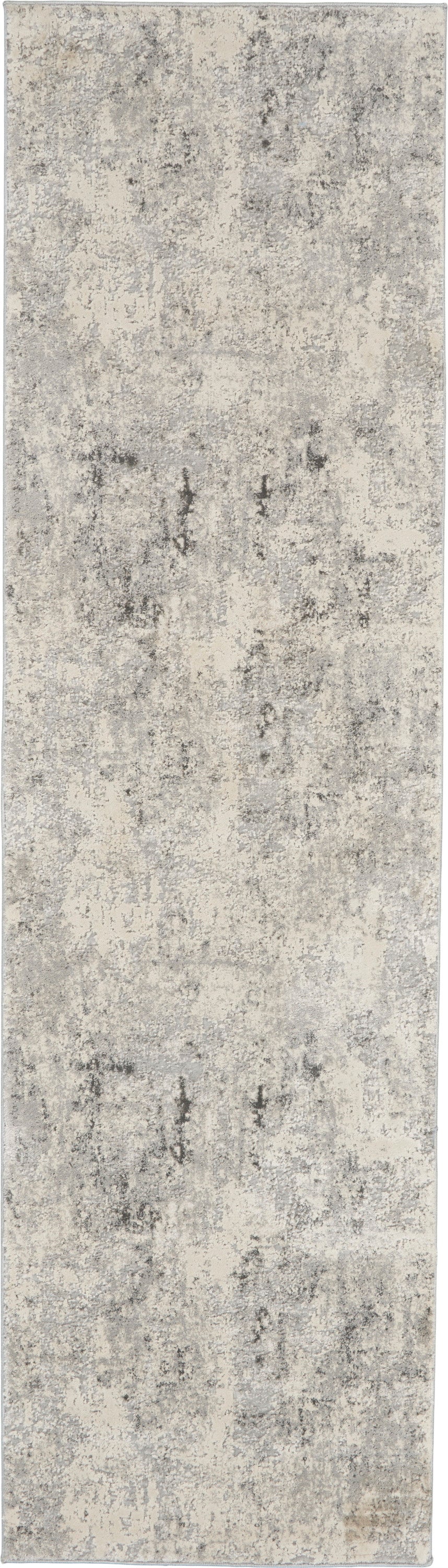 Distressed gray and ivory abstract rug runner with soft, low-pile texture.