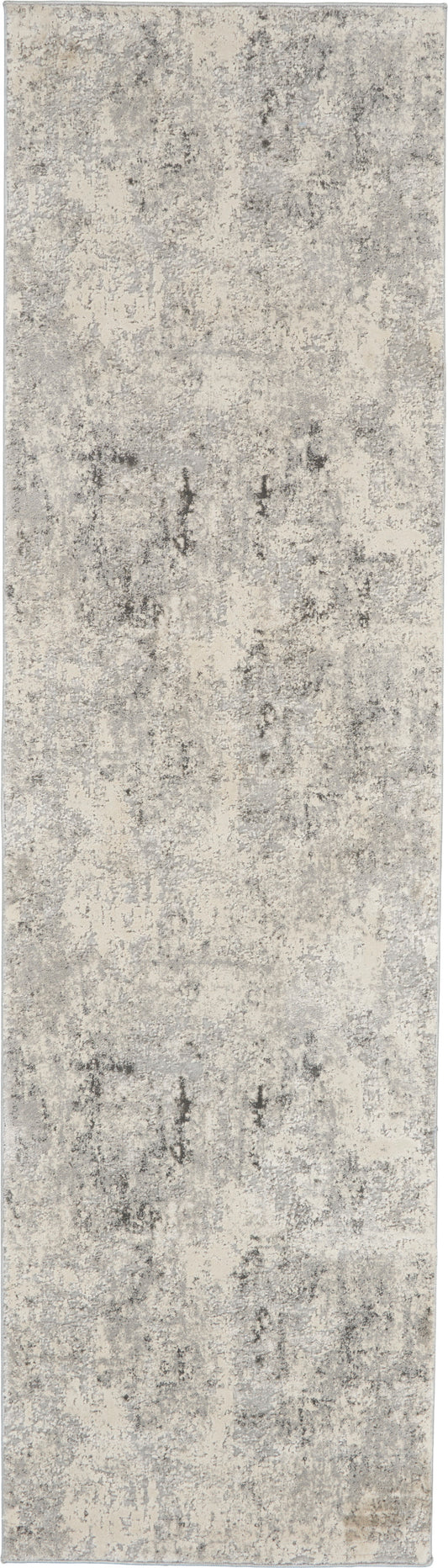 Distressed gray and ivory abstract rug runner with soft, low-pile texture.