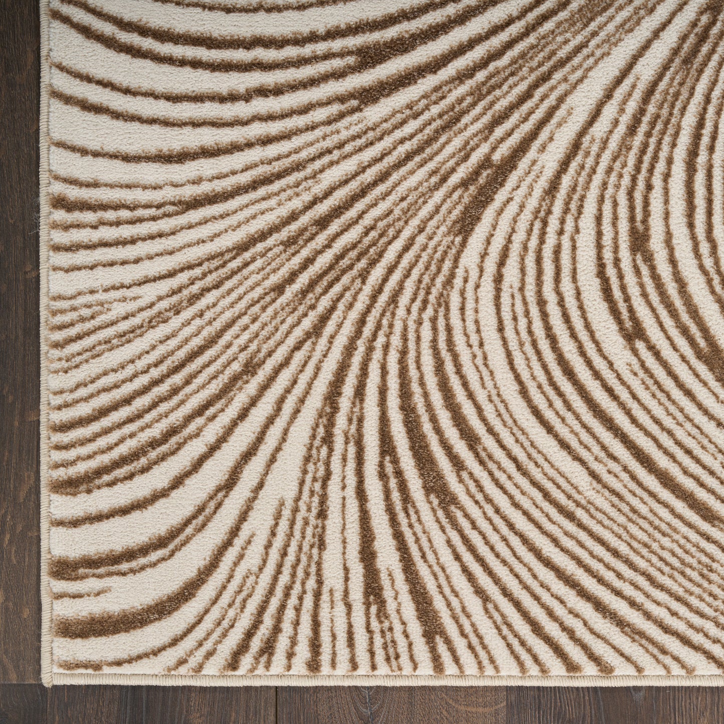 Beige rug with brown curved stripe pattern on wood floor; dark border along left edge.