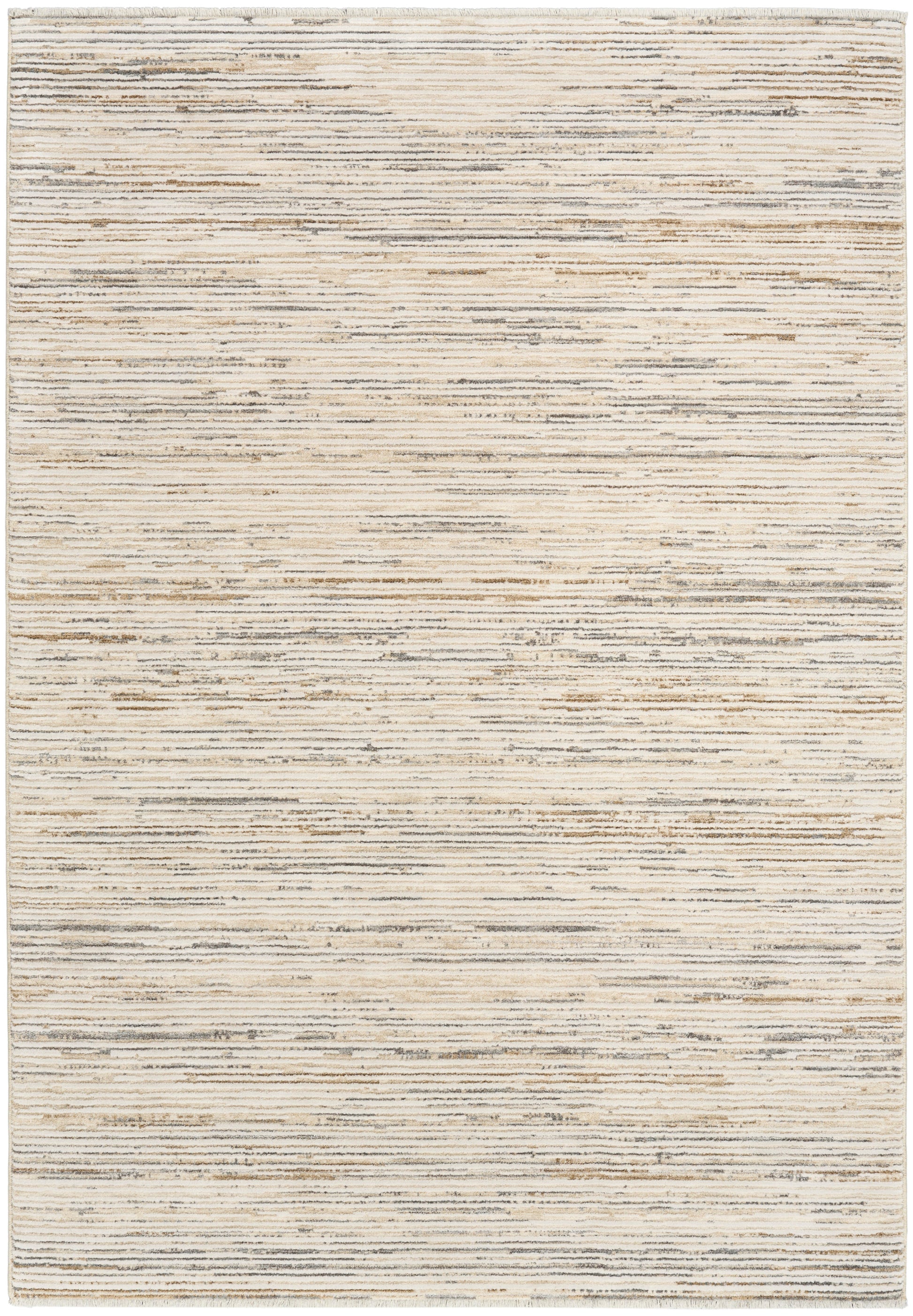 Beige flat-weave area rug with subtle gray horizontal stripes and distressed texture.