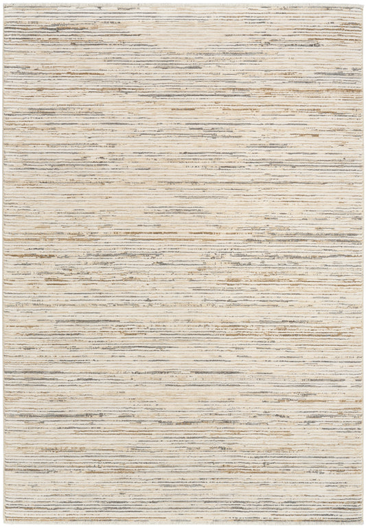 Beige flat-weave area rug with subtle gray horizontal stripes and distressed texture.