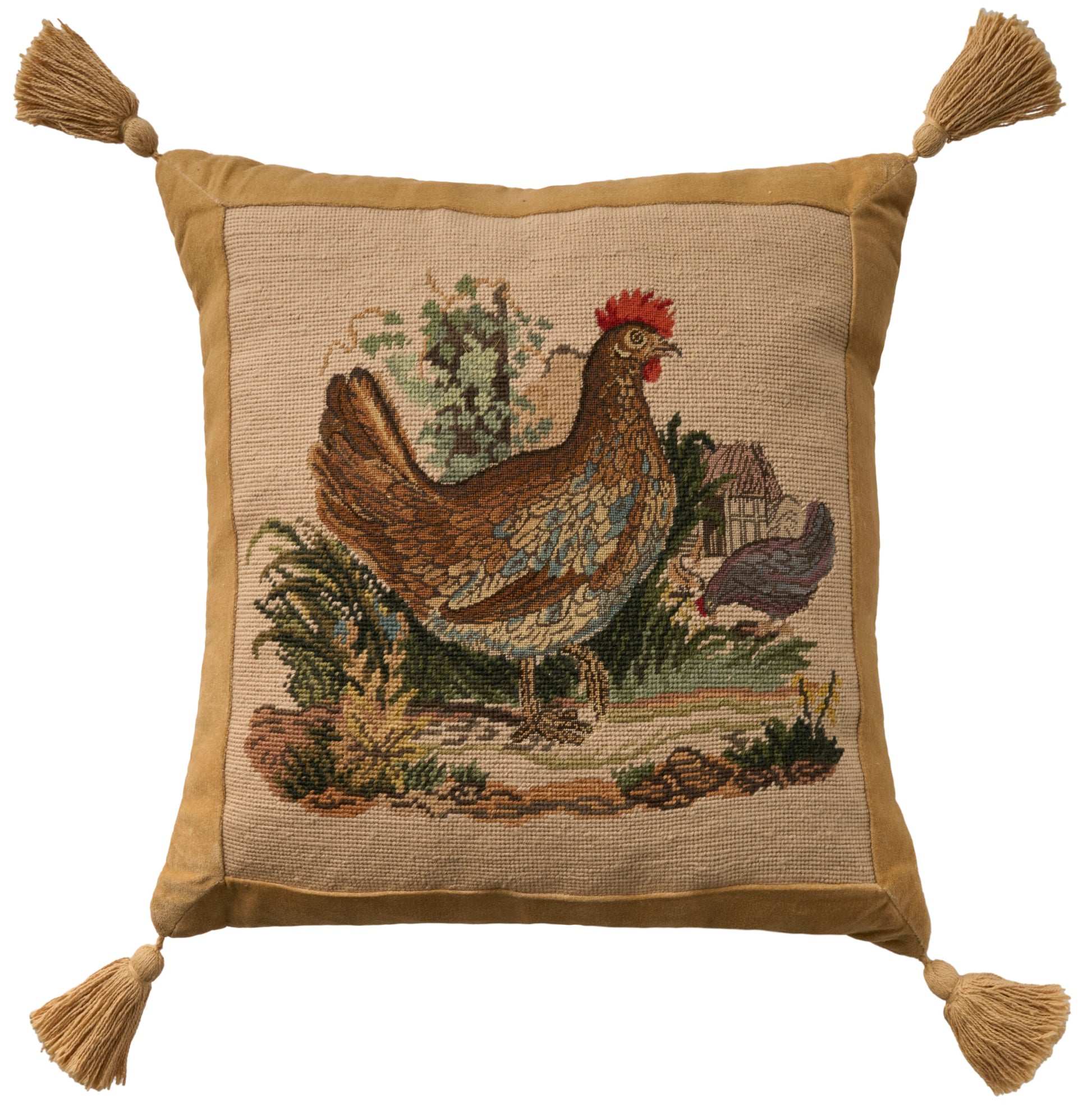 Square tapestry pillow with a rooster motif, countryside scene; gold velvet border and tassels at all corners.