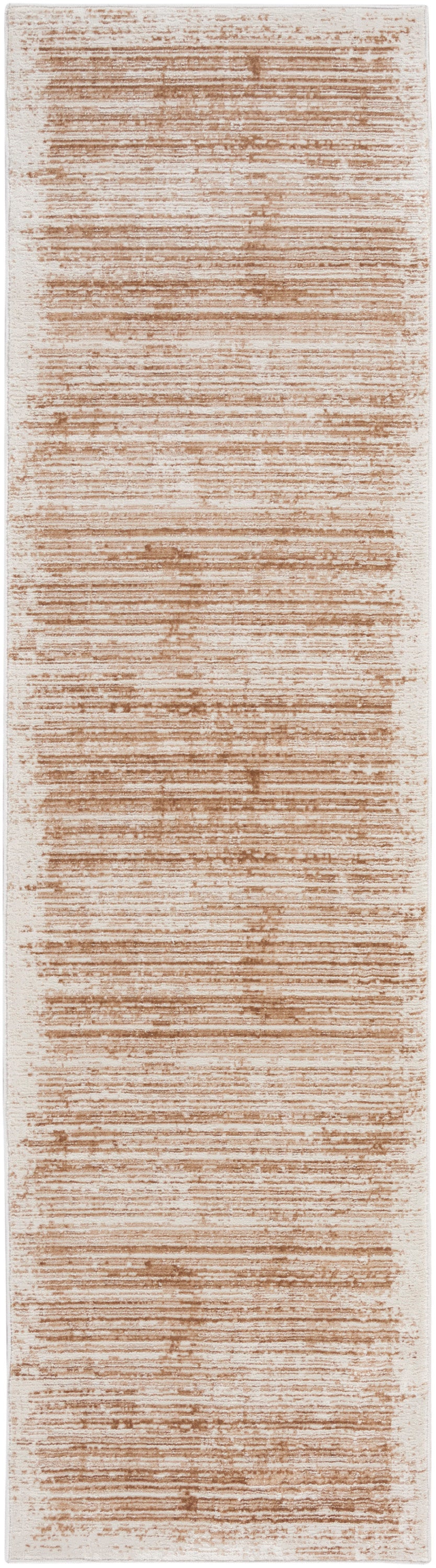 Narrow beige runner rug with soft tan-brown distressed horizontal stripes.