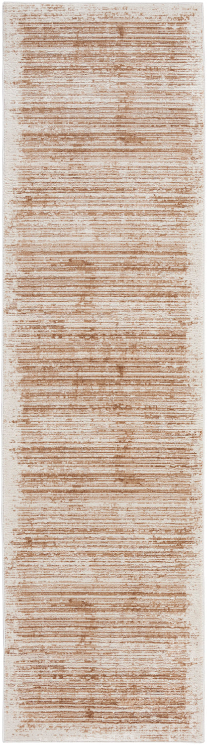 Narrow beige runner rug with soft tan-brown distressed horizontal stripes.