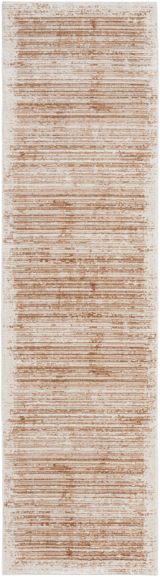 Narrow beige runner rug with soft tan-brown distressed horizontal stripes.