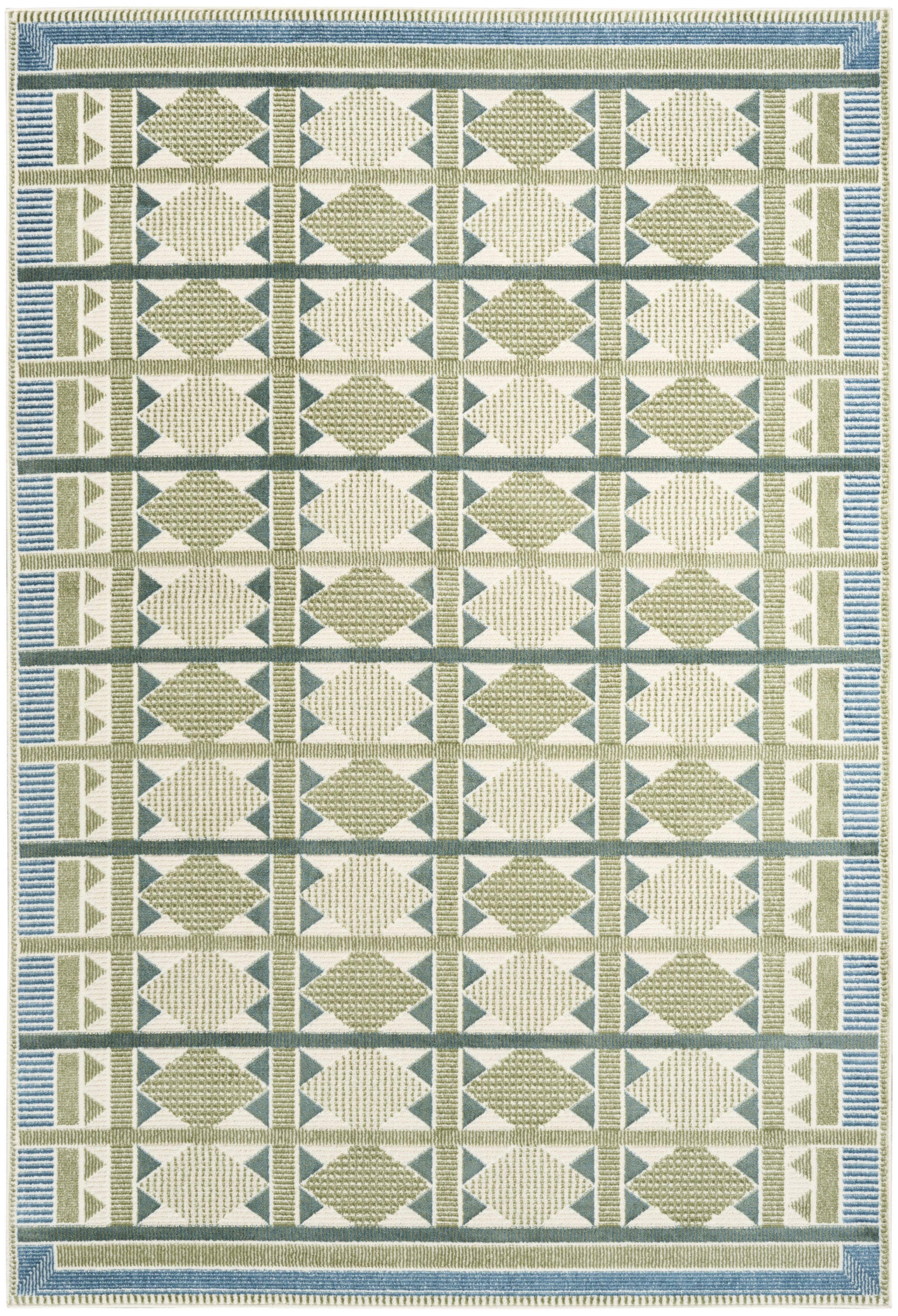 Woven area rug with olive green and cream diamond grid and blue striped border; geometric, contemporary style.